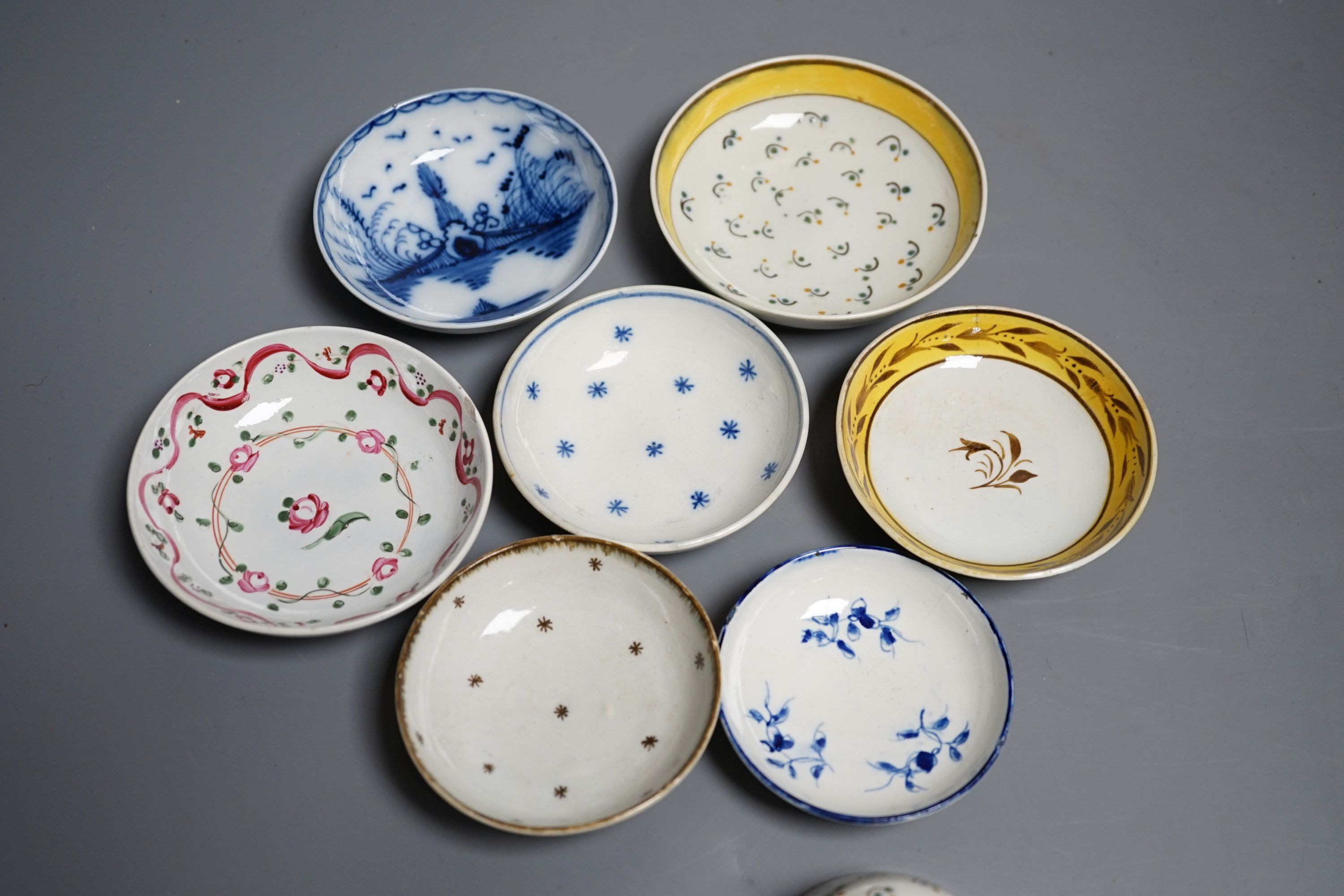 Six pearlware miniature tea bowls and saucers, c.1790-1800 and a similar cup and saucer, c.1810. Provenance - Mona Sattin collection of miniature cups and saucers, collection no.s 273, 276, 281-285.